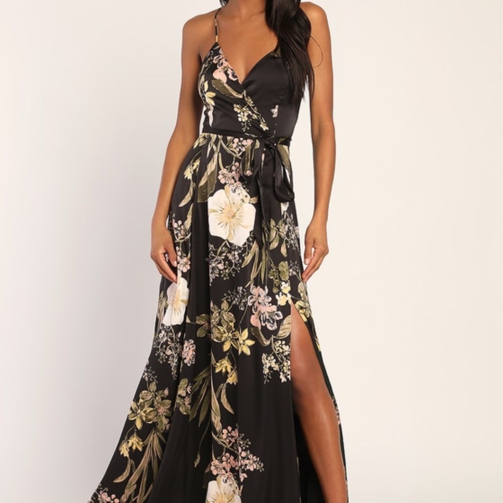 Lulus Still The One Black Floral Print Satin Maxi Dress - Size L